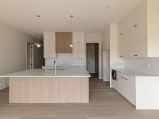 This modern kitchen boasts a spacious island with a waterfall countertop, perfect for meal prep and casual dining.
