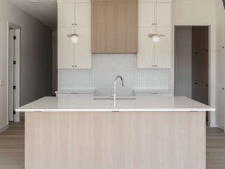 Experience modern luxury in this stunning kitchen, featuring a sleek island with a waterfall countertop and a sophisticated wood-paneled facade.