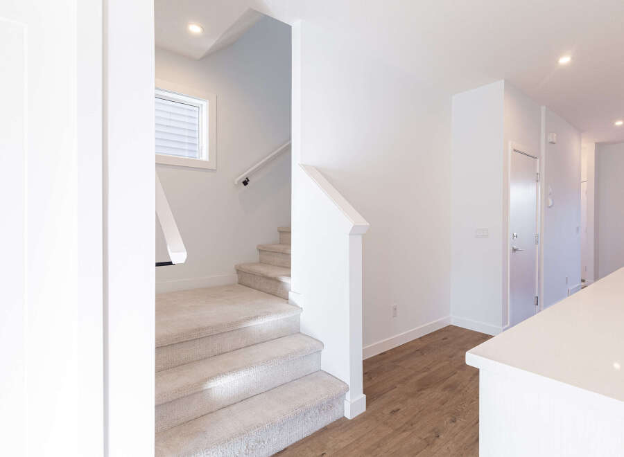 Step into this modern home featuring a carpeted staircase leading to the upper level, complemented by sleek white railings and a well-placed window for natural light.