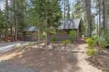Nestled amongst tall pine trees, this charming brown home offers a serene retreat.
