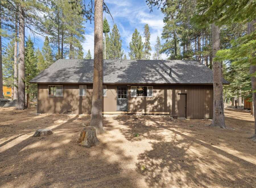 Nestled amongst tall pine trees, this charming brown home offers a serene retreat.