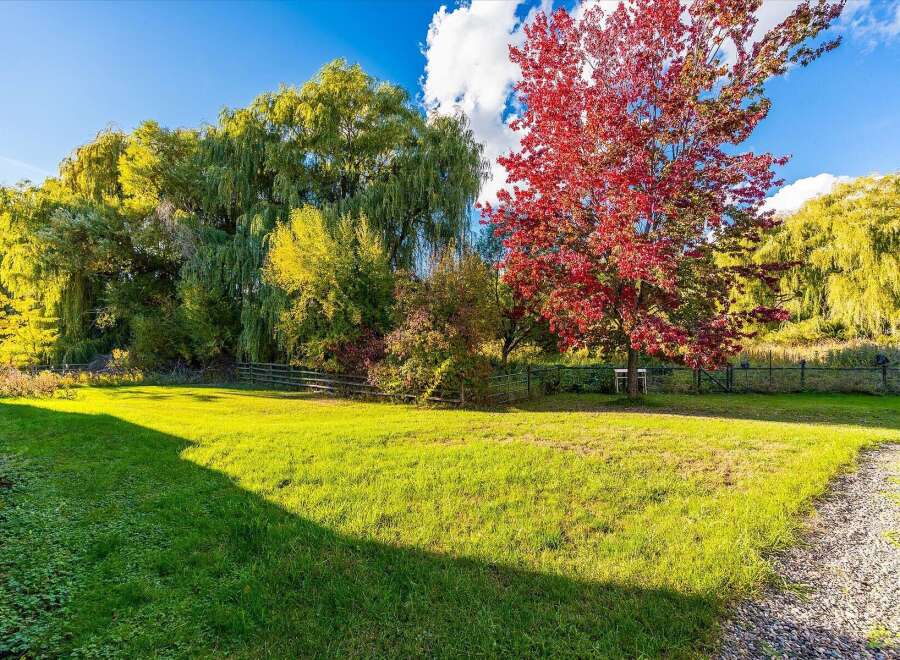 Experience the beauty of autumn with this stunning property featuring vibrant red maple trees and lush green weeping willows.