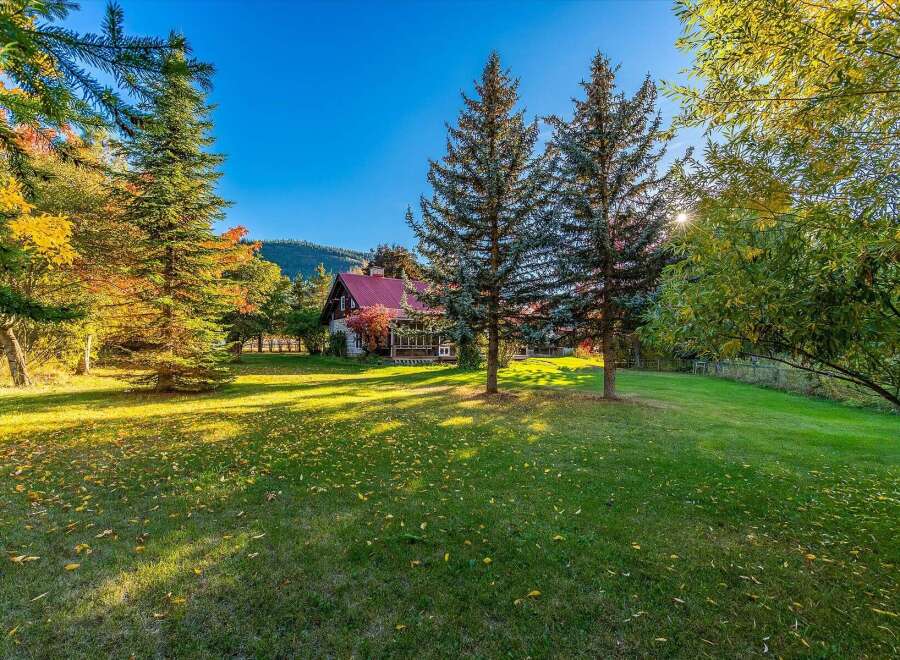 Nestled amidst vibrant autumn foliage, this charming home boasts a picturesque setting with mature trees and a sprawling green lawn scattered with fallen leaves.