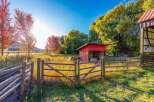 Embrace the charm of autumn on this picturesque property, featuring vibrant fall foliage and a rustic wooden fence.