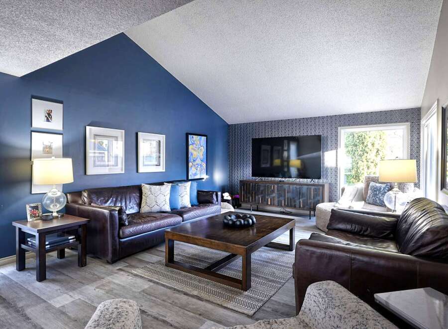 Experience modern living in this stunning living room, featuring a vaulted ceiling and a dramatic navy blue accent wall.