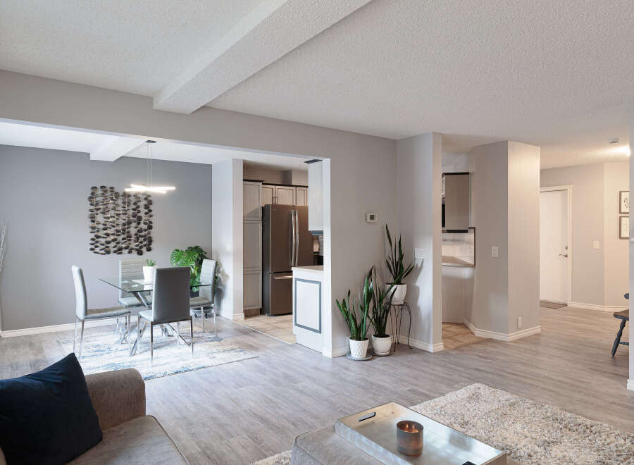 This spacious open-concept living area seamlessly blends the dining room and kitchen, perfect for entertaining.