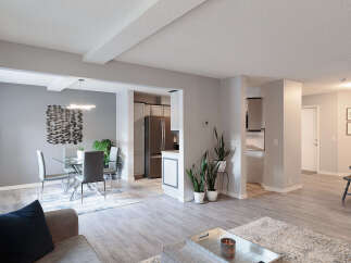 This spacious open-concept living area seamlessly blends the dining room and kitchen, perfect for entertaining.