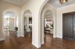 Step into a grand entryway featuring elegant arched doorways and rich hardwood flooring.