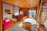 Experience cozy living in this charming mountain chalet, featuring a warm wood-paneled interior and a welcoming fireplace.
