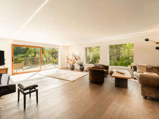 Experience luxurious living in this spacious, light-filled living room featuring a grand piano and comfortable seating.
