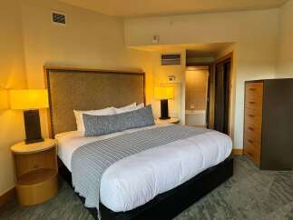 Experience comfort and style in this beautifully appointed hotel room, featuring a plush king-sized bed with crisp white linens and a decorative throw.