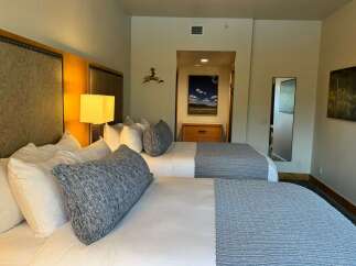 Experience comfort and style in this inviting hotel room, featuring two plush queen beds perfect for families or groups.