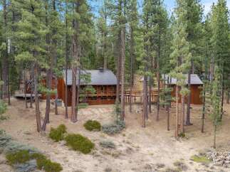 Nestled amidst towering pine trees, this stunning wooden home offers a serene retreat.