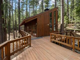 Nestled amidst tall pine trees, this charming wooden cabin offers a serene retreat.