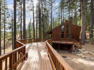 Experience the serene beauty of this rustic wooden cabin nestled amongst tall pine trees.
