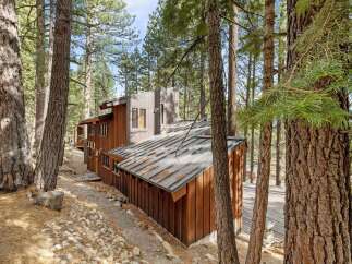 Nestled amongst tall pine trees, this unique home features a striking modern architectural design with warm wood siding and a durable metal roof.