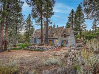 Nestled amidst towering pine trees, this charming stone cottage exudes rustic elegance.
