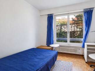 This cozy bedroom features a comfortable blue bed, perfect for relaxation.