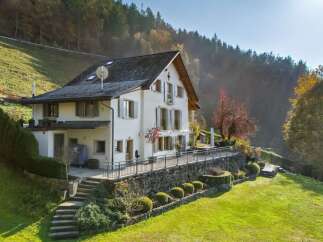 Nestled on a lush green hillside, this charming white house offers breathtaking views of the surrounding forest and mountains.