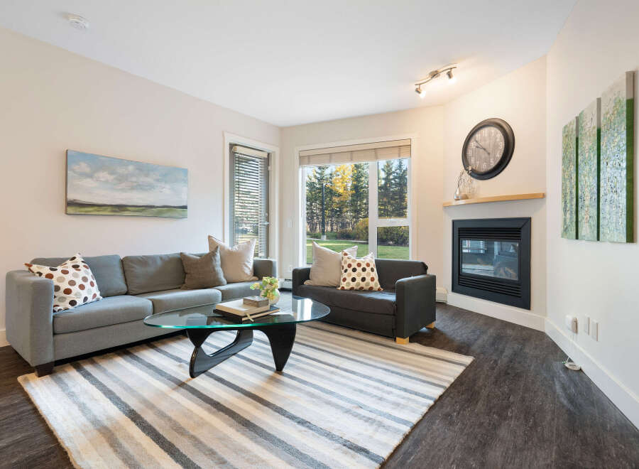 Cozy living room featuring a comfortable grey sectional sofa and a dark sofa, perfect for relaxation.