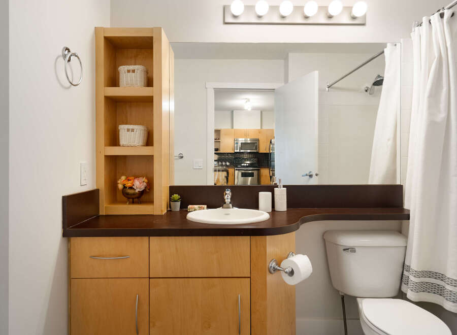 This modern bathroom features a sleek vanity with ample storage and a clean white sink, complemented by a dark countertop.