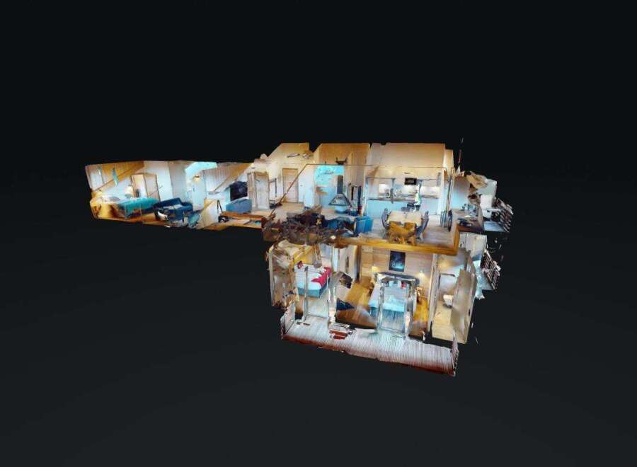 Explore this stunning 3D model of a multi-level home, showcasing a well-appointed kitchen with ample counter space and modern appliances.