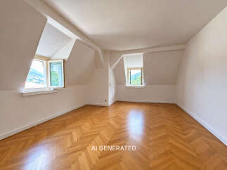 Discover this spacious attic room with charming sloped ceilings and a beautiful herringbone hardwood floor.