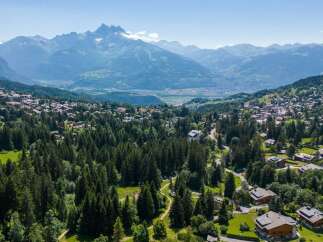 Experience the allure of alpine living in this stunning property nestled amidst lush green forests and majestic mountains.