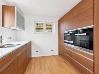 Experience modern living in this sleek kitchen featuring rich wood cabinetry and a pristine white countertop.