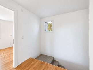 Discover this bright and airy interior space, featuring a modern staircase with carpeted steps leading upwards.