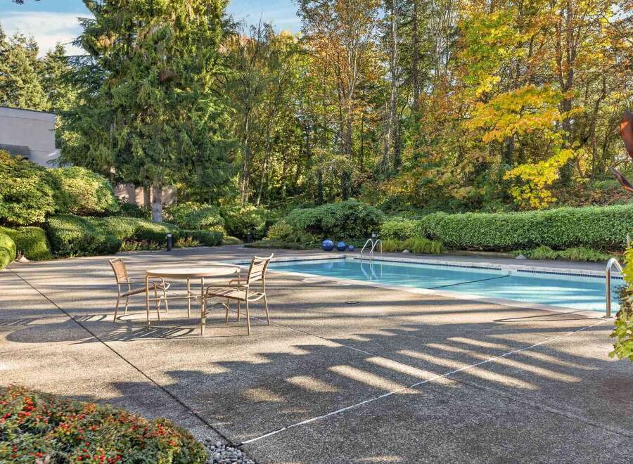 Enjoy a refreshing dip in the sparkling blue swimming pool, surrounded by lush greenery and mature trees.