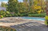 Enjoy a refreshing dip in the sparkling blue swimming pool, surrounded by lush greenery and mature trees.