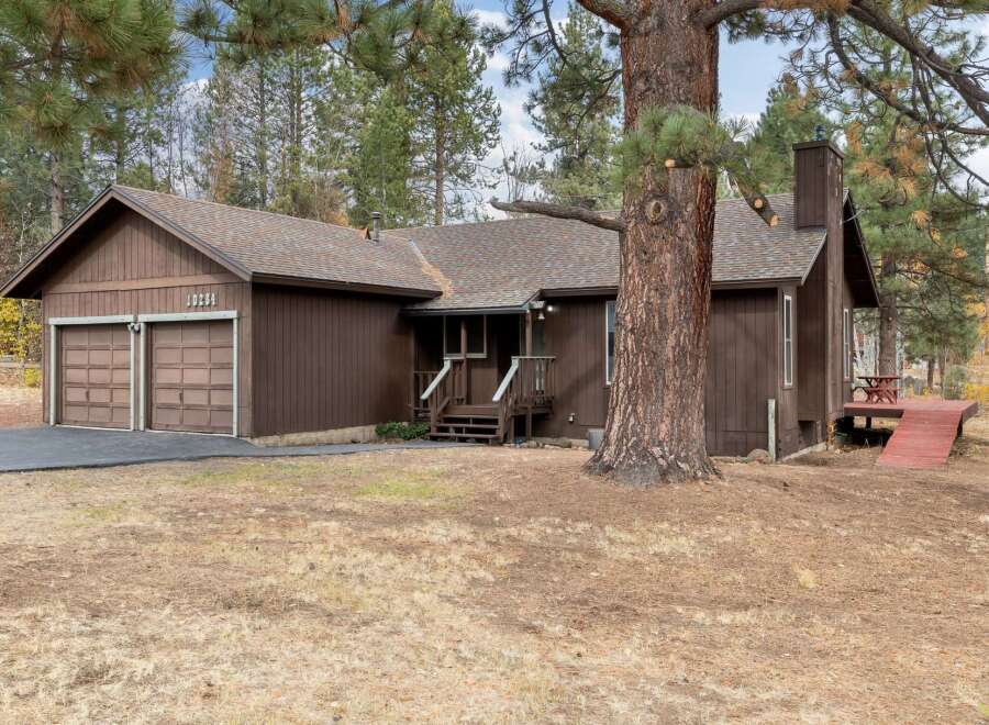 Nestled amongst tall pine trees, this charming brown home offers a serene retreat.