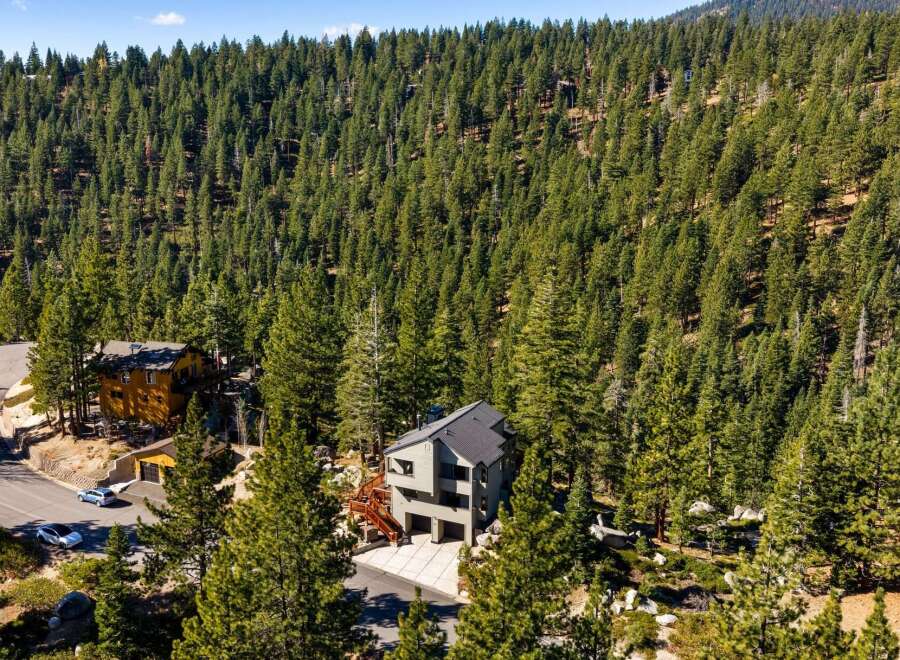 Nestled amidst a dense forest of evergreen trees, this modern home offers a serene and private retreat.