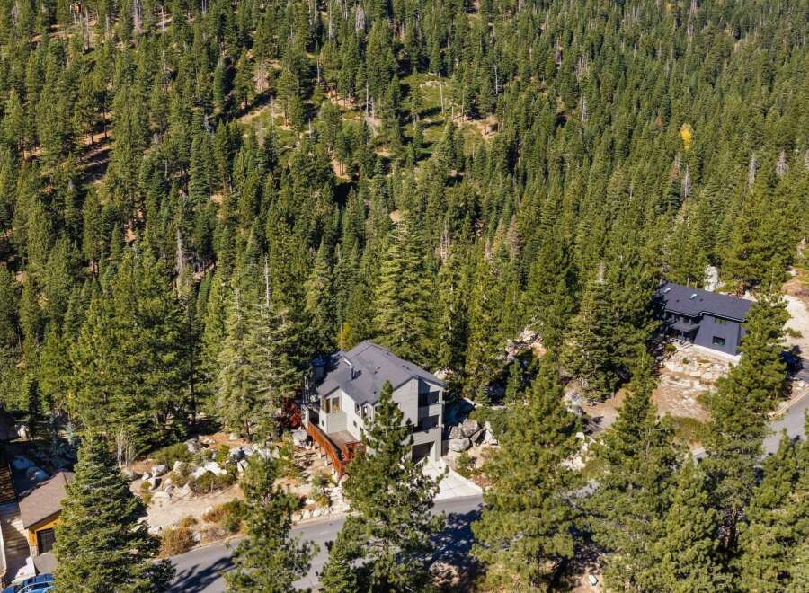 Nestled amidst a dense forest of evergreen trees, this modern home offers a serene and private retreat.