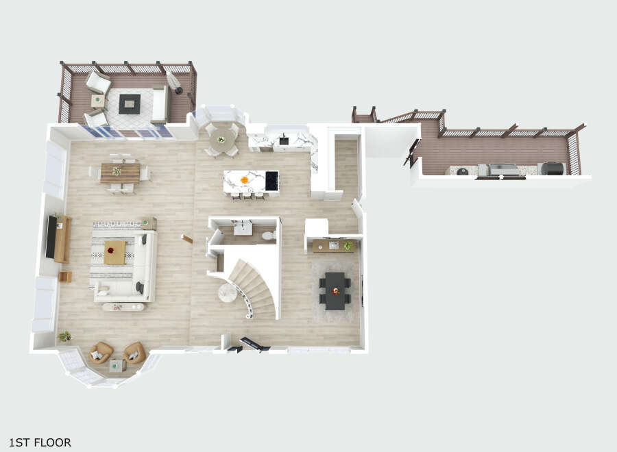 Discover this stunning 1st-floor layout featuring a spacious living area with a sectional sofa and coffee table, perfect for relaxation.