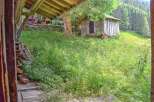 Rustic mountain property with charming wooden shed and expansive green space.