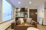 Cozy apartment with snow view, featuring a modern kitchen and comfortable leather sofa.
