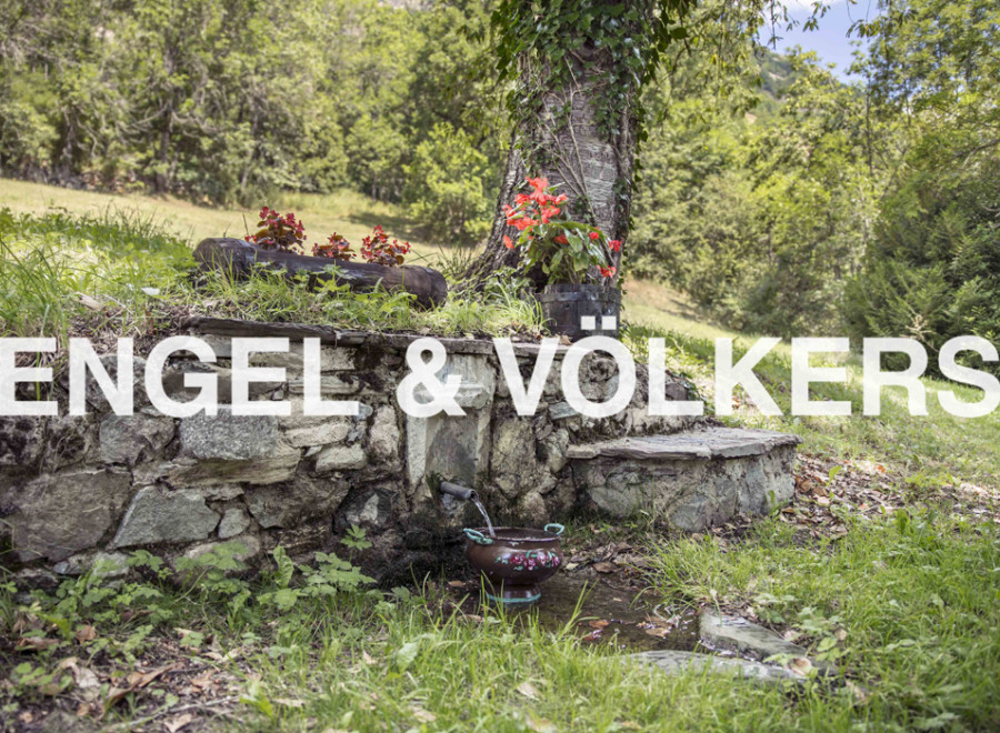 Discover tranquility at this charming property featuring a rustic stone water fountain, nestled amidst lush greenery and flowering plants.