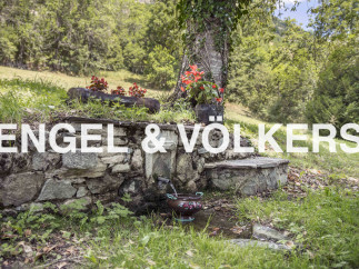 Discover tranquility at this charming property featuring a rustic stone water fountain, nestled amidst lush greenery and flowering plants.