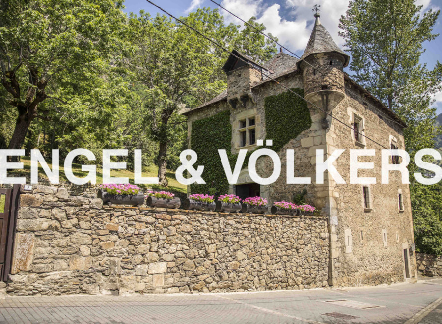 This charming stone house boasts a unique turret and ivy-covered walls, creating a picturesque setting.