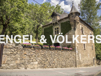 This charming stone house boasts a unique turret and ivy-covered walls, creating a picturesque setting.