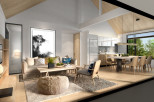 This stunning open-concept home boasts a spacious living area with a cozy seating arrangement, perfect for relaxation and entertaining.