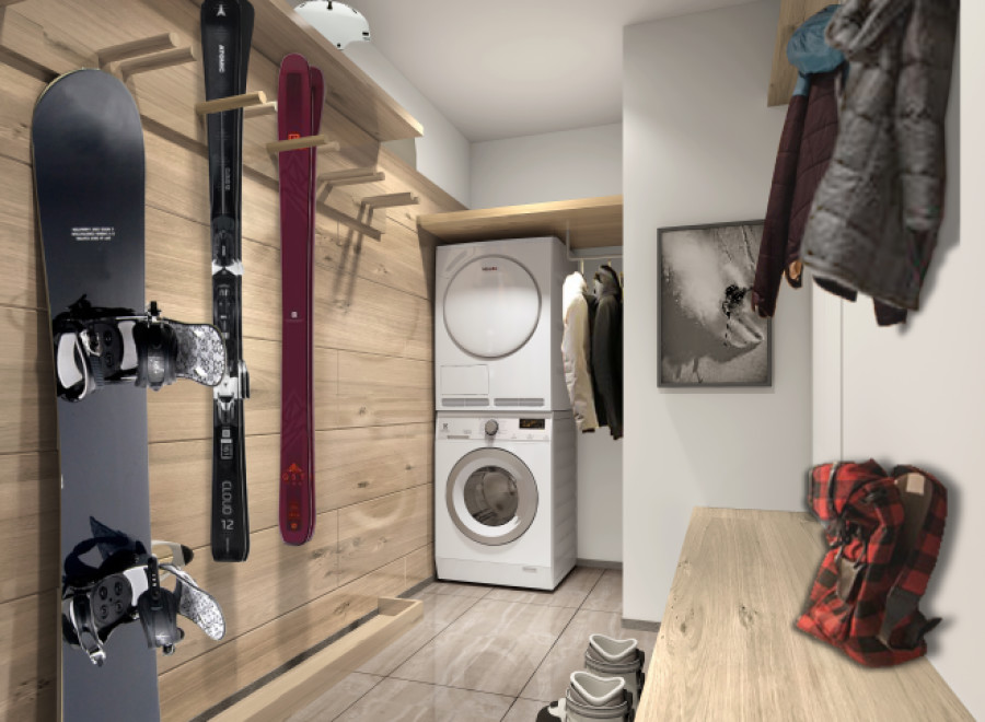 This stunning property boasts a dedicated ski and snowboard storage area, complete with wall-mounted racks for easy access to your winter sports equipment.