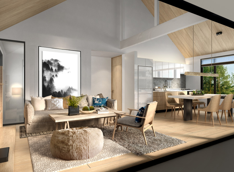 This stunning open-concept home boasts a spacious living area with a cozy seating arrangement, perfect for relaxation and entertaining.