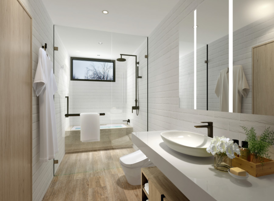 This stunning bathroom boasts a spacious design with modern fixtures and finishes.