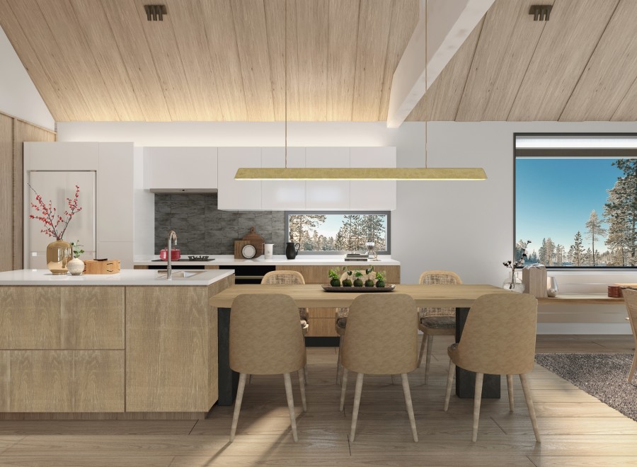 This stunning kitchen boasts a modern design with light wood cabinets and a large island, perfect for entertaining.