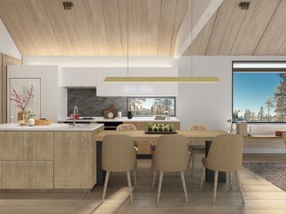 This stunning kitchen boasts a modern design with light wood cabinets and a large island, perfect for entertaining.