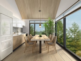 This stunning modern kitchen boasts a spacious design with sleek white cabinetry and wood flooring, creating a bright and airy atmosphere.