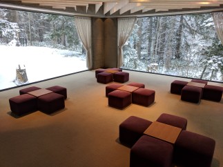 Experience tranquility in this stunning space, featuring a breathtaking view of a snow-covered forest.